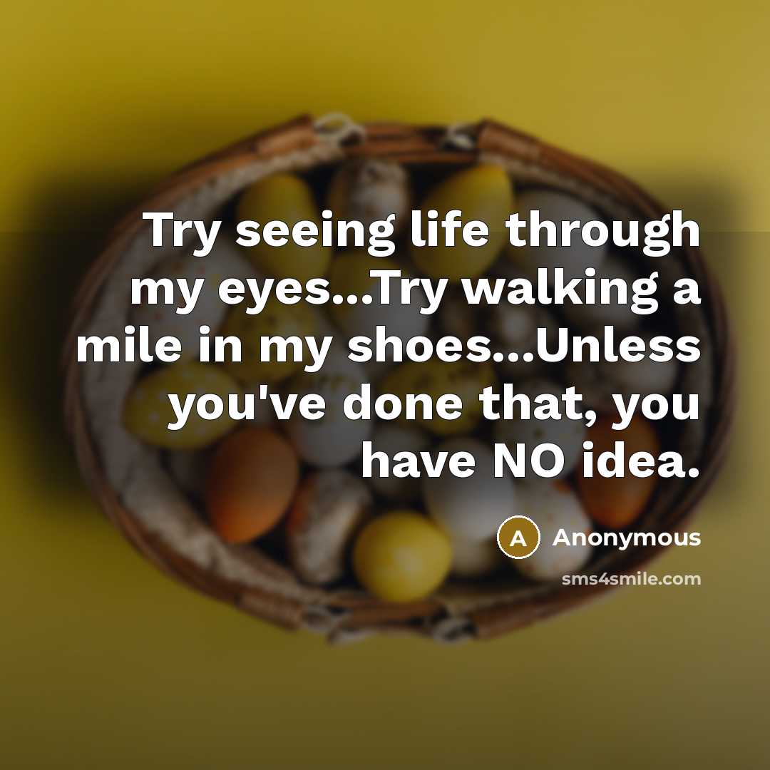 “Try seeing life through my eyes...Try walking a mile in my shoes...Unless you've done that, you have NO idea.” quote by Anonymous