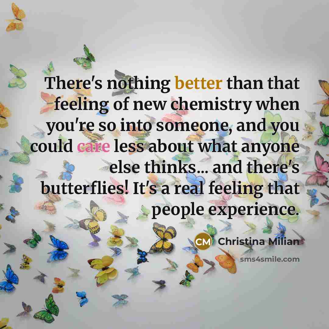 “There's nothing better than that feeling of new chemistry when you're so into someone, and you could care less about what anyone else thinks... and there's butterflies! It's a real feeling that people experience.” quote by Christina Milian
