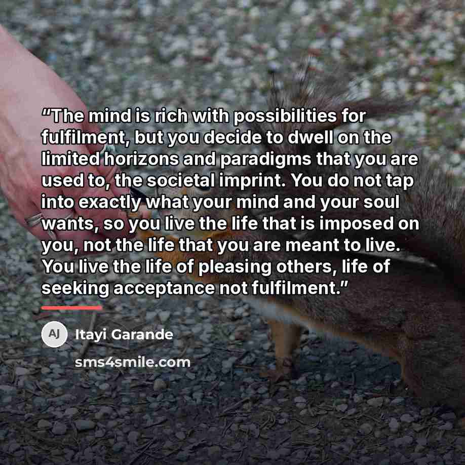 “The mind is rich with possibilities for fulfilment, but you decide to dwell on the limited horizons and paradigms that you are used to, the societal imprint. You do not tap into exactly what your mind and your soul wants, so you live the life that is imposed on you, not the life that you are meant…” quote by Itayi Garande