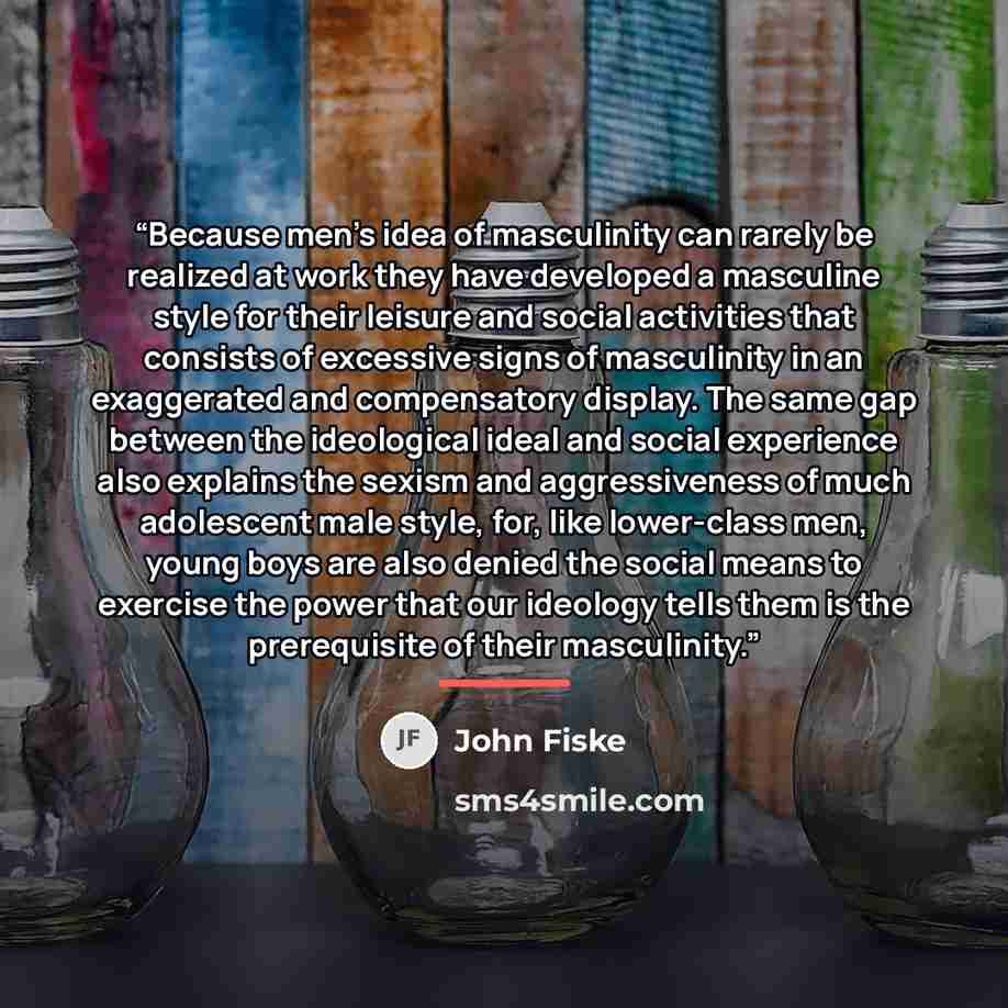 “Because men's idea of masculinity can rarely be realized at work they have developed a masculine style for their leisure and social activities that consists of excessive signs of masculinity in an exaggerated and compensatory display. The same gap between the ideological ideal and social…” quote by John Fiske