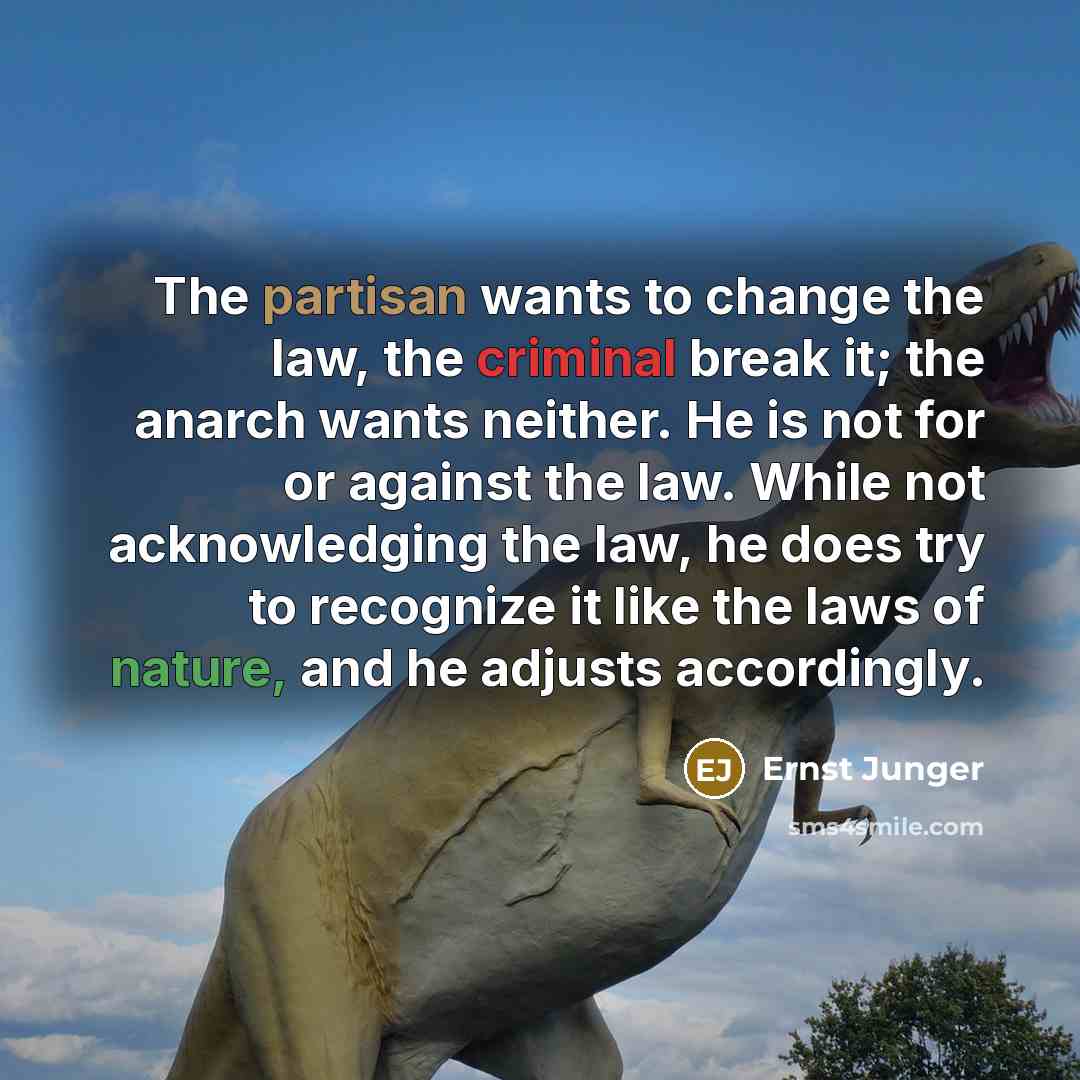 “The partisan wants to change the law, the criminal break it; the anarch wants neither. He is not for or against the law. While not acknowledging the law, he does try to recognize it like the laws of nature, and he adjusts accordingly.” quote by Ernst Junger