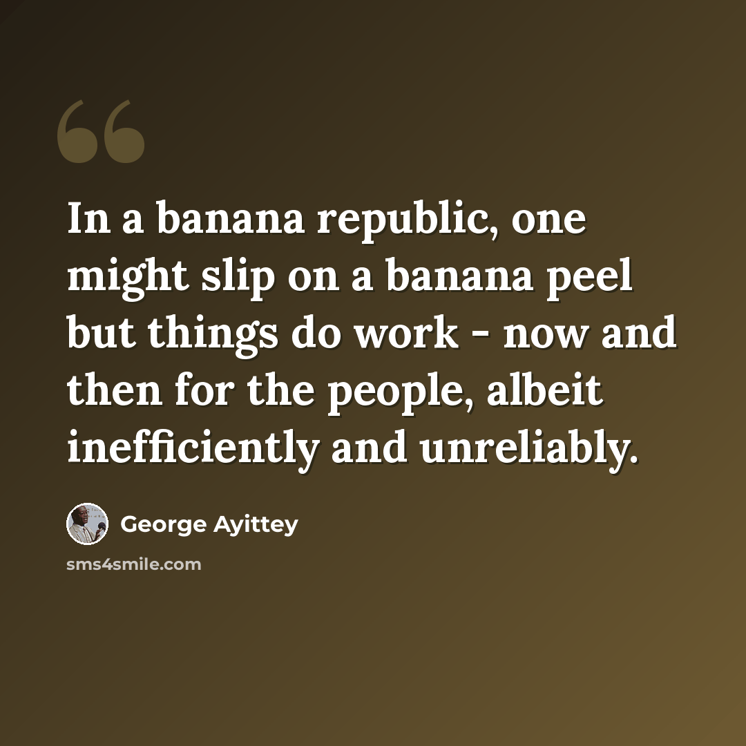 “In a banana republic, one might slip on a banana peel but things do work - now and then for the people, albeit inefficiently and unreliably.” quote by George Ayittey