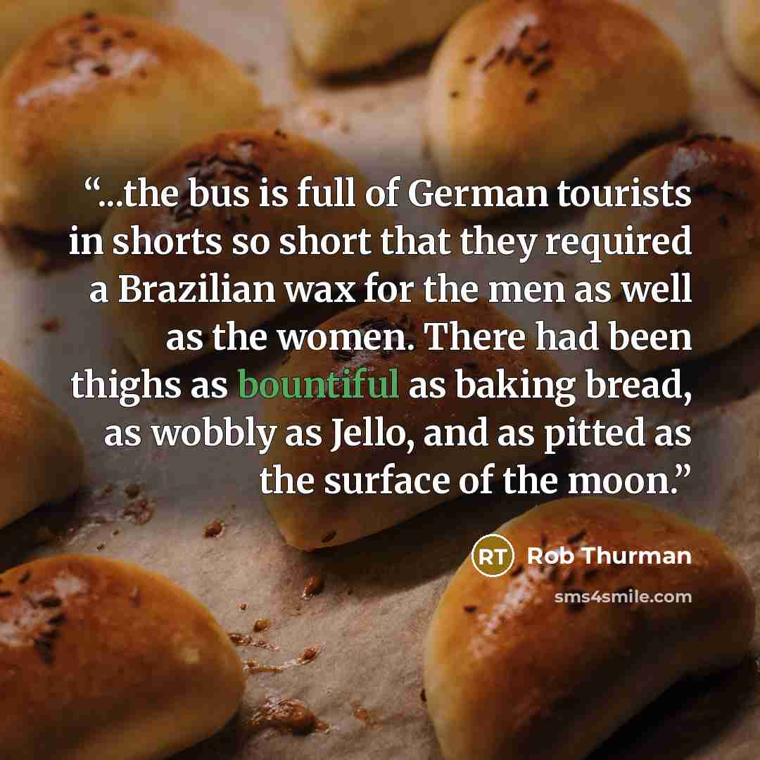 “...the bus is full of German tourists in shorts so short that they required a Brazilian wax for the men as well as the women. There had been thighs as bountiful as baking bread, as wobbly as Jello, and as pitted as the surface of the moon.” quote by Rob Thurman