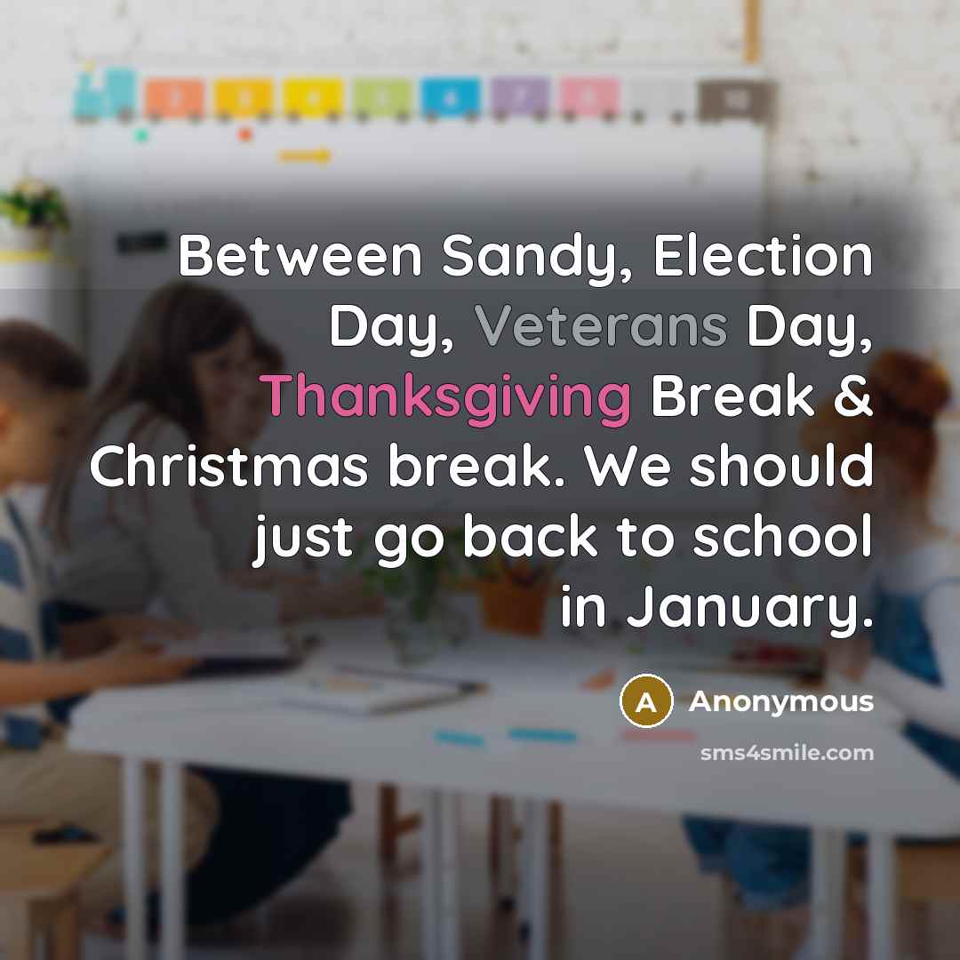 “Between Sandy, Election Day, Veterans Day, Thanksgiving Break & Christmas break. We should just go back to school in January.” quote by Anonymous