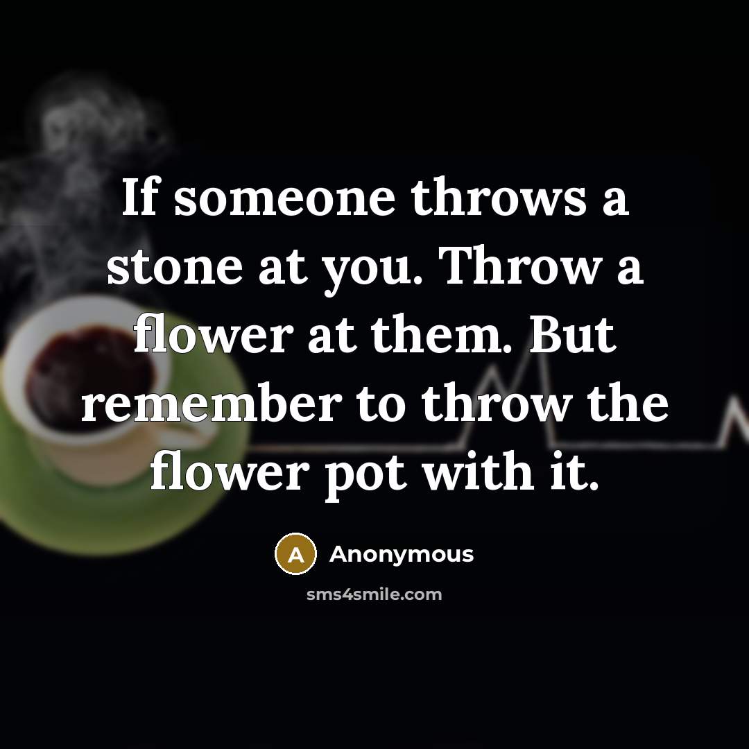 “If someone throws a stone at you. Throw a flower at them. But remember to throw the flower pot with it.” quote by Anonymous
