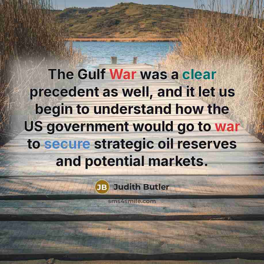 “The Gulf War was a clear precedent as well, and it let us begin to understand how the US government would go to war to secure strategic oil reserves and potential markets.” quote by Judith Butler