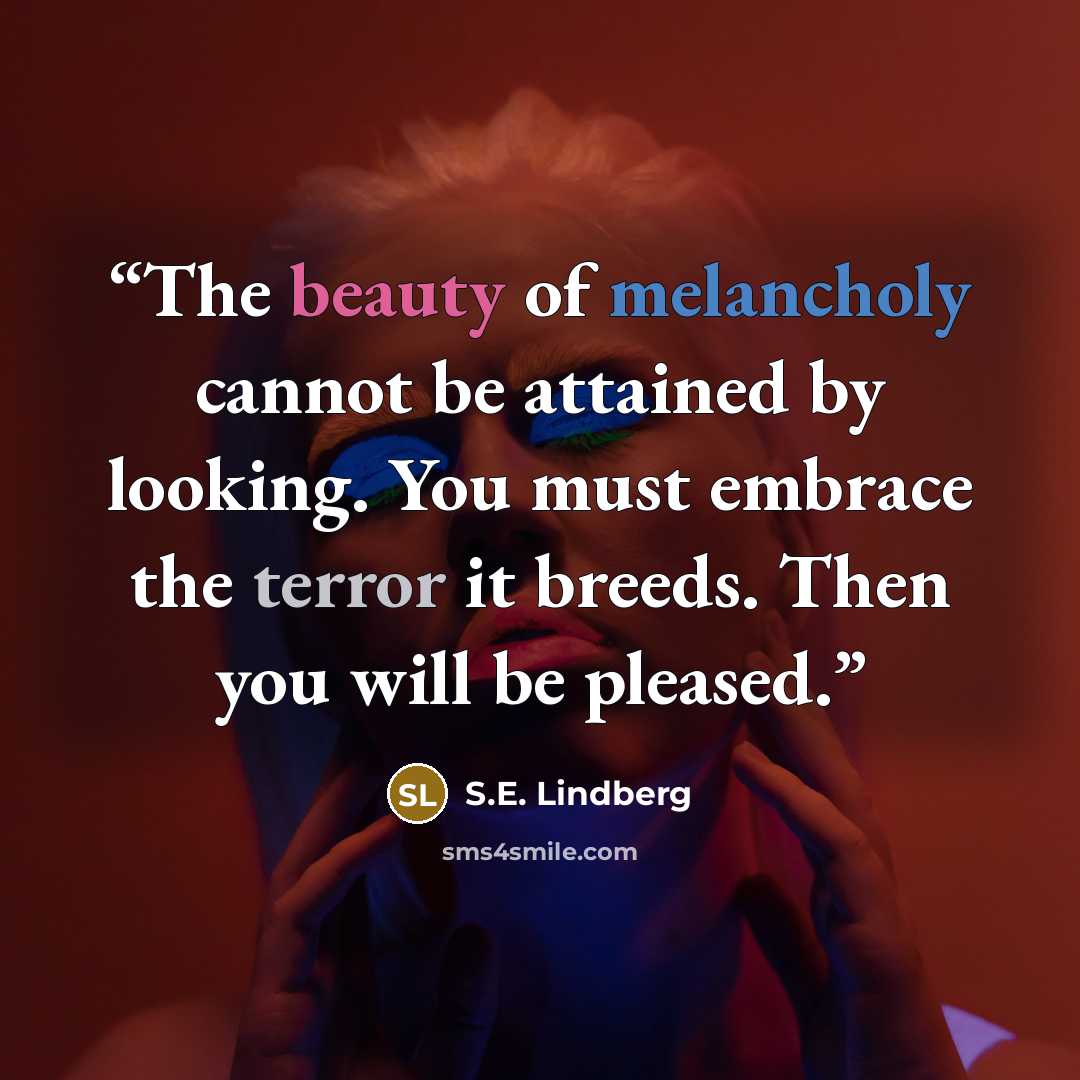 “The beauty of melancholy cannot be attained by looking. You must embrace the terror it breeds. Then you will be pleased.” quote by S.E. Lindberg