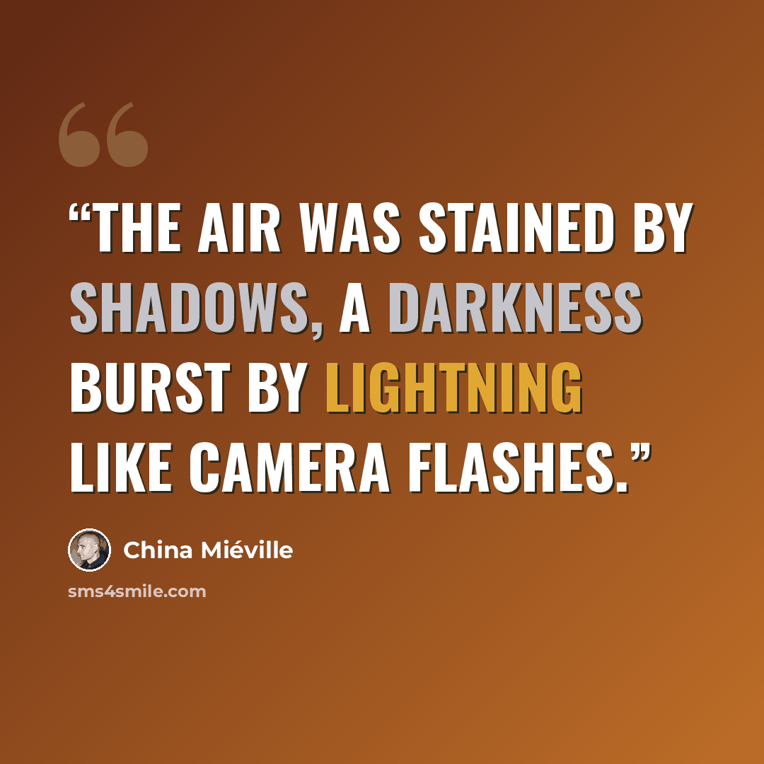 “The air was stained by shadows, a darkness burst by lightning like camera flashes.” quote by China Miéville