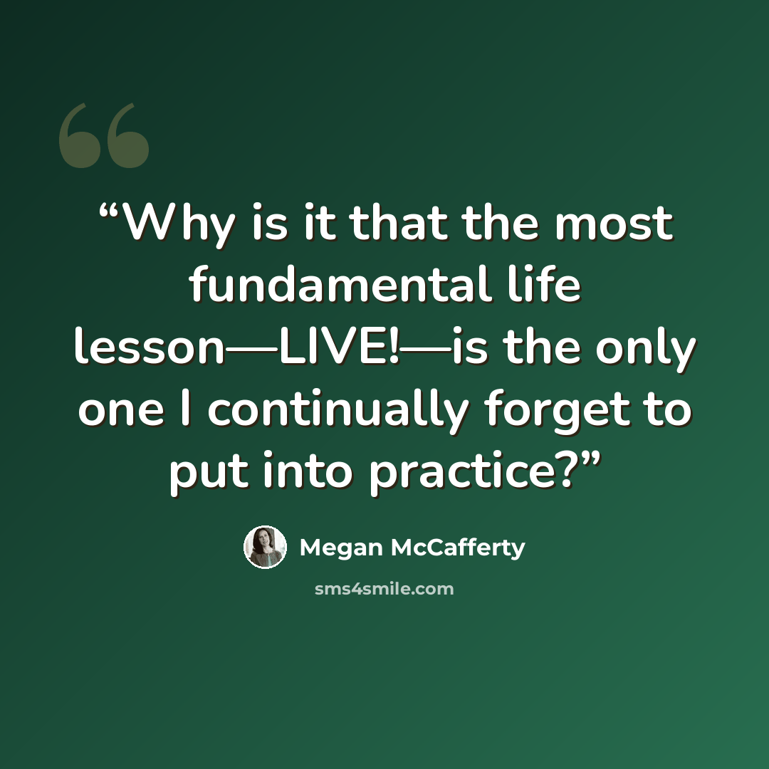 “Why is it that the most fundamental life lesson—LIVE!—is the only one I continually forget to put into practice?” quote by Megan McCafferty