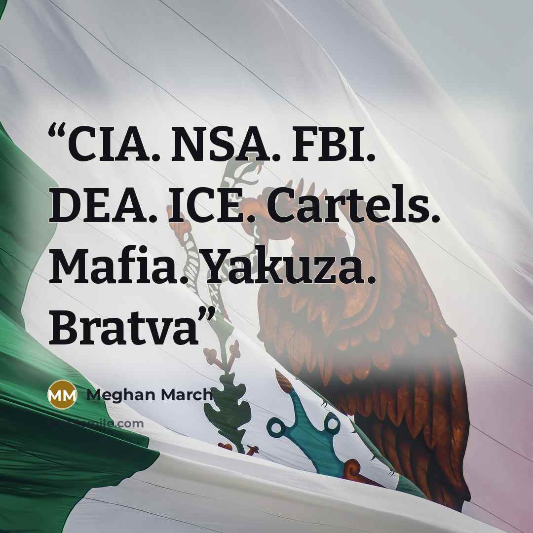 “CIA. NSA. FBI. DEA. ICE. Cartels. Mafia. Yakuza. Bratva” quote by Meghan March