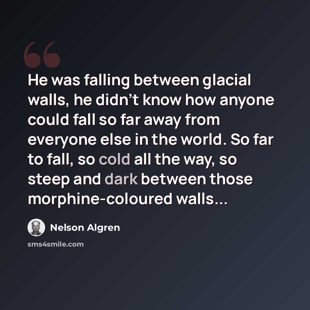 “He was falling between glacial walls, he didn't know how anyone could fall so far away from everyone else in the world. So far to fall, so cold all the way, so steep and dark between those morphine-coloured walls...” quote by Nelson Algren