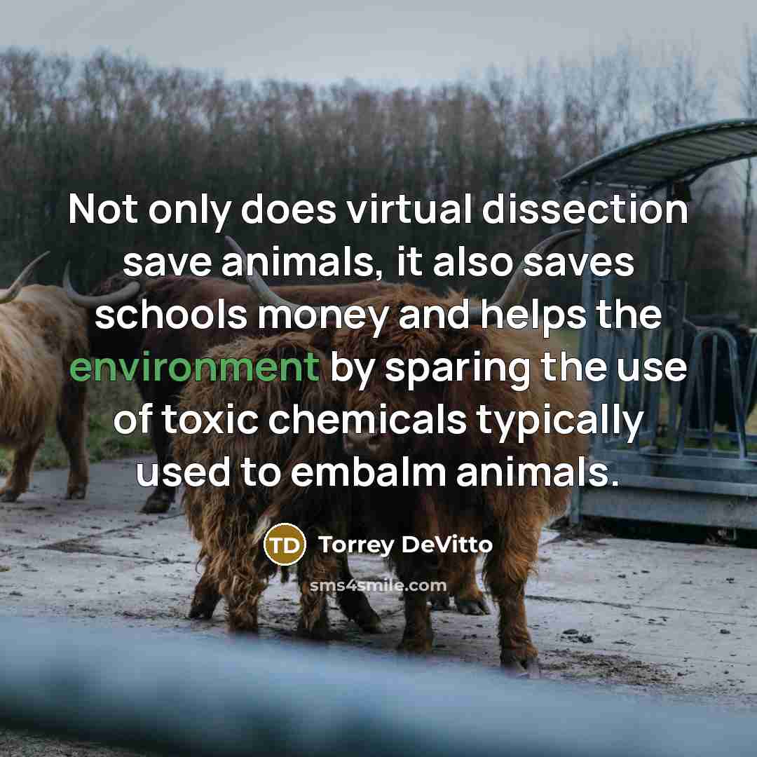 “Not only does virtual dissection save animals, it also saves schools money and helps the environment by sparing the use of toxic chemicals typically used to embalm animals.” quote by Torrey DeVitto