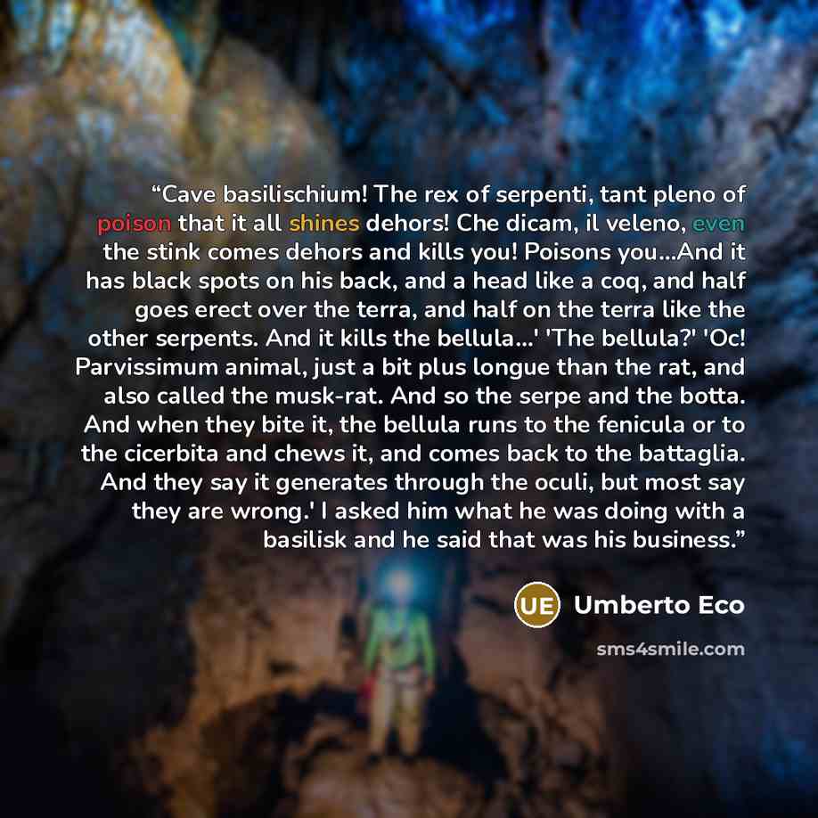 “Cave basilischium! The rex of serpenti, tant pleno of poison that it all shines dehors! Che dicam, il veleno, even the stink comes dehors and kills you! Poisons you...And it has black spots on his back, and a head like a coq, and half goes erect over the terra, and half on the terra like the other…” quote by Umberto Eco