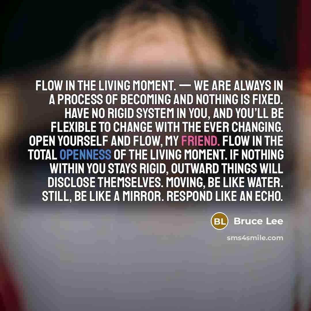 “Flow in the living moment. — We are always in a process of becoming and nothing is fixed. Have no rigid system in you, and you’ll be flexible to change with the ever changing. Open yourself and flow, my friend. Flow in the total openness of the living moment. If nothing within you stays rigid…” quote by Bruce Lee