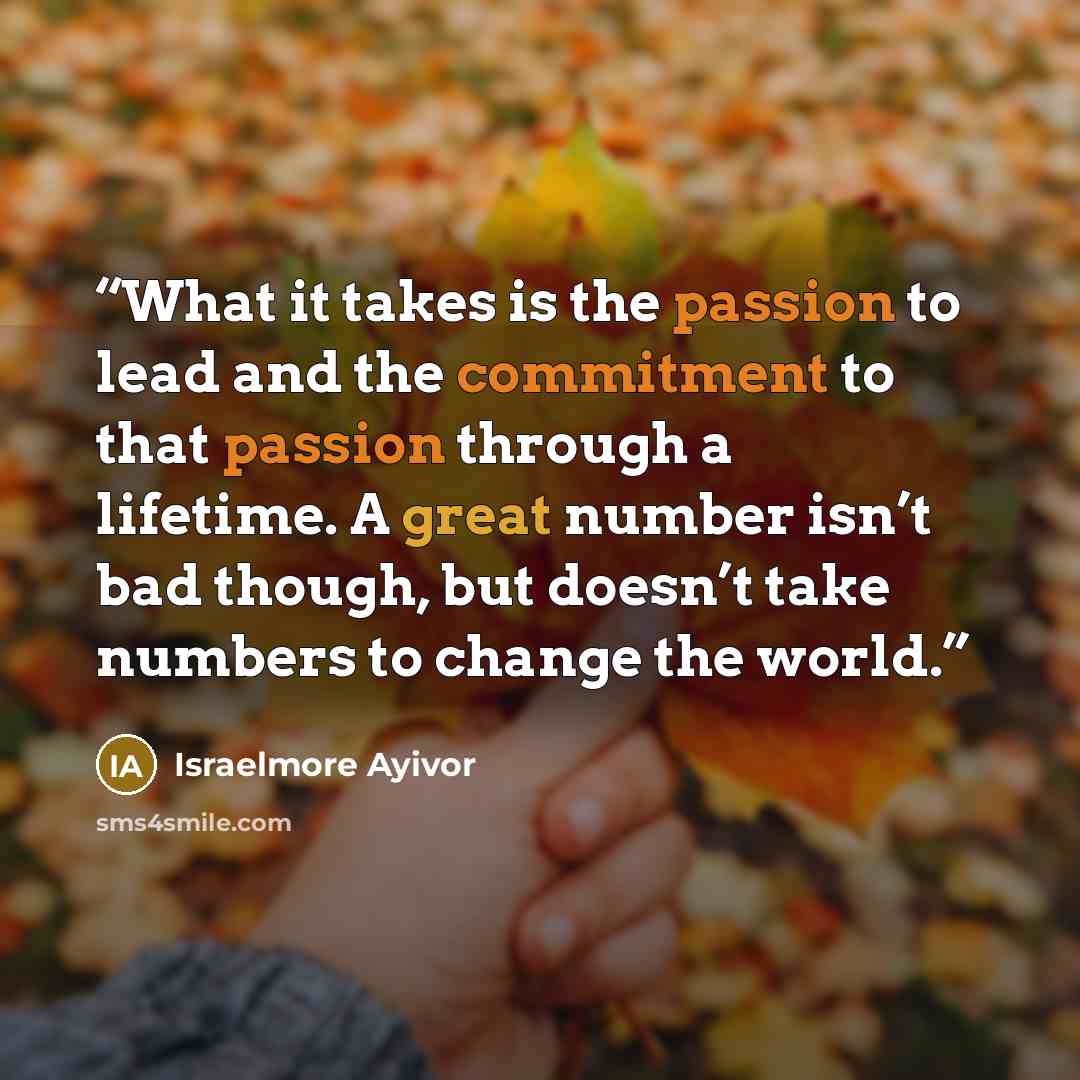 “What it takes is the passion to lead and the commitment to that passion through a lifetime. A great number isn’t bad though, but doesn’t take numbers to change the world.” quote by Israelmore Ayivor