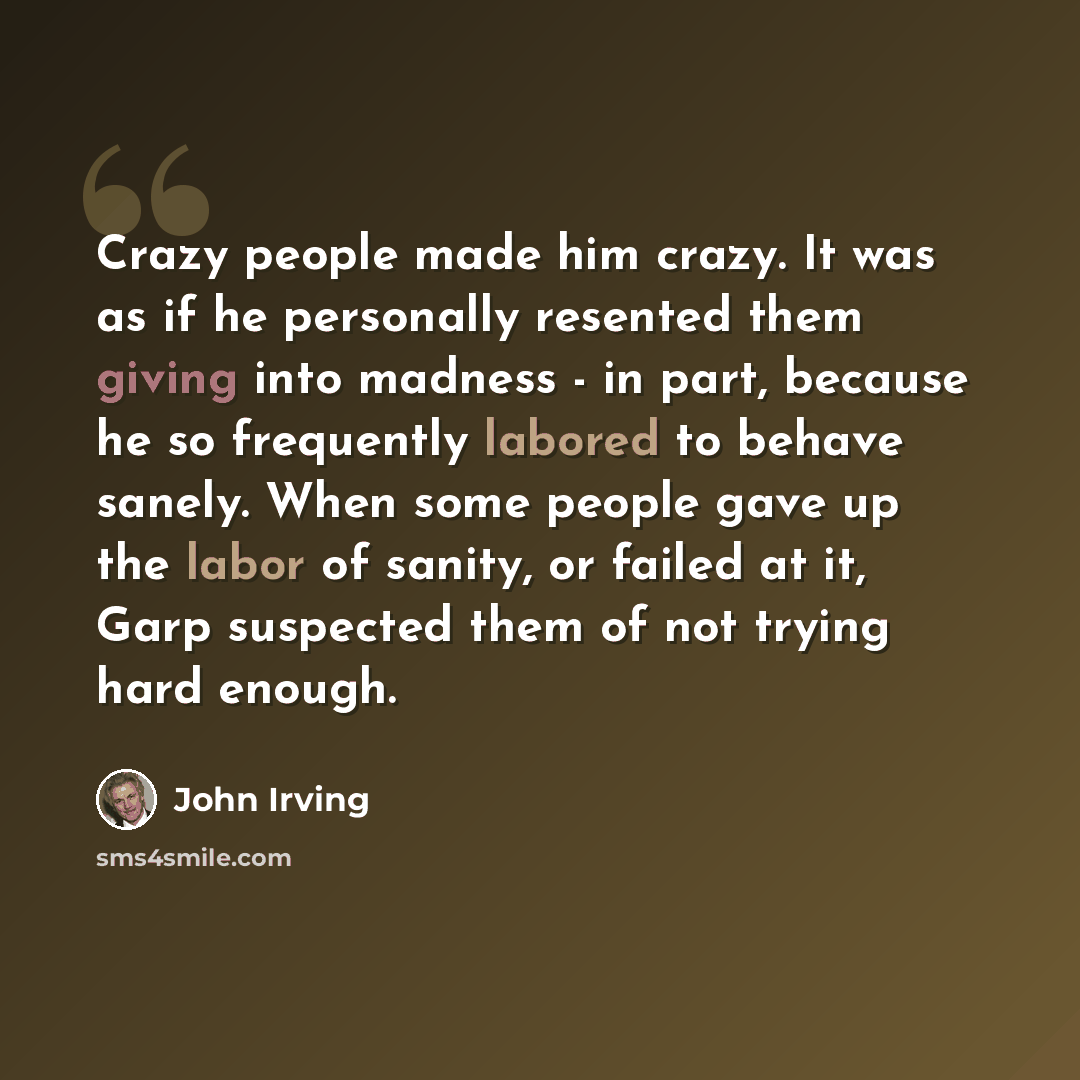 “Crazy people made him crazy. It was as if he personally resented them giving into madness - in part, because he so frequently labored to behave sanely. When some people gave up the labor of sanity, or failed at it, Garp suspected them of not trying hard enough.” quote by John Irving