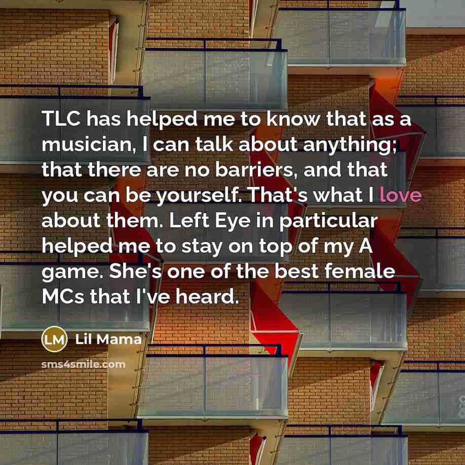 “TLC has helped me to know that as a musician, I can talk about anything; that there are no barriers, and that you can be yourself. That's what I love about them. Left Eye in particular helped me to stay on top of my A game. She's one of the best female MCs that I've heard.” quote by Lil Mama