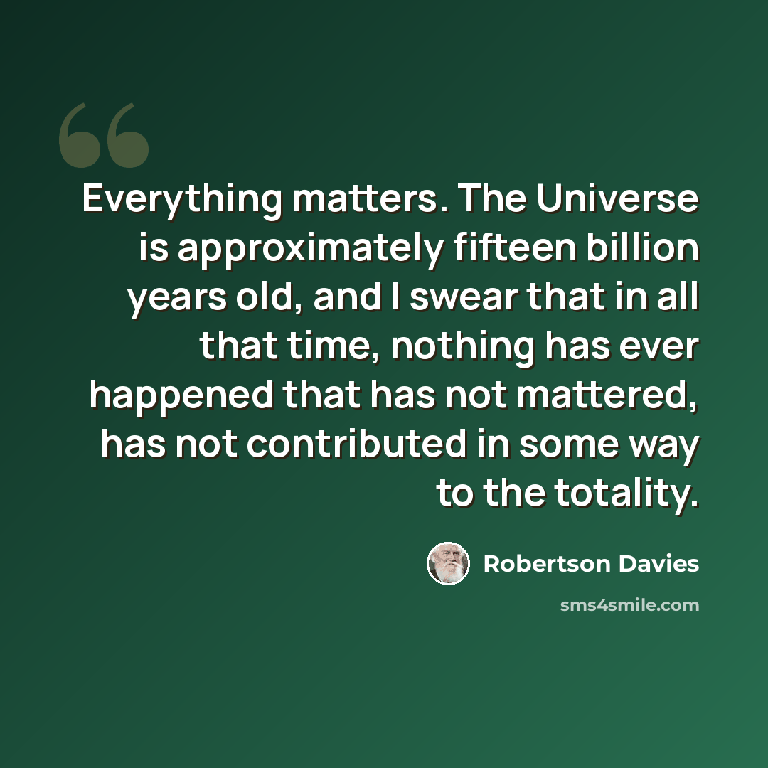 “Everything matters. The Universe is approximately fifteen billion years old, and I swear that in all that time, nothing has ever happened that has not mattered, has not contributed in some way to the totality.” quote by Robertson Davies