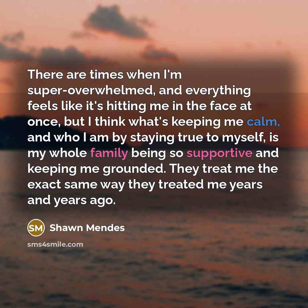 “There are times when I'm super-overwhelmed, and everything feels like it's hitting me in the face at once, but I think what's keeping me calm, and who I am by staying true to myself, is my whole family being so supportive and keeping me grounded. They treat me the exact same way they treated me…” quote by Shawn Mendes