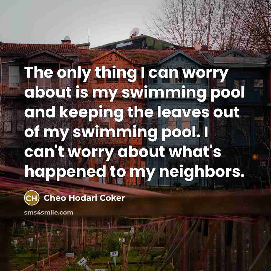 “The only thing I can worry about is my swimming pool and keeping the leaves out of my swimming pool. I can't worry about what's happened to my neighbors.” quote by Cheo Hodari Coker