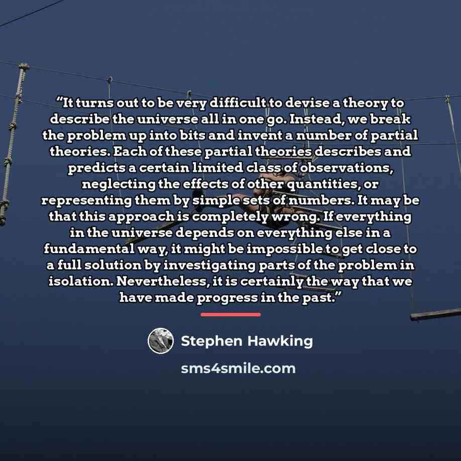 “It turns out to be very difficult to devise a theory to describe the universe all in one go. Instead, we break the problem up into bits and invent a number of partial theories. Each of these partial theories describes and predicts a certain limited class of observations, neglecting the effects of…” quote by Stephen Hawking