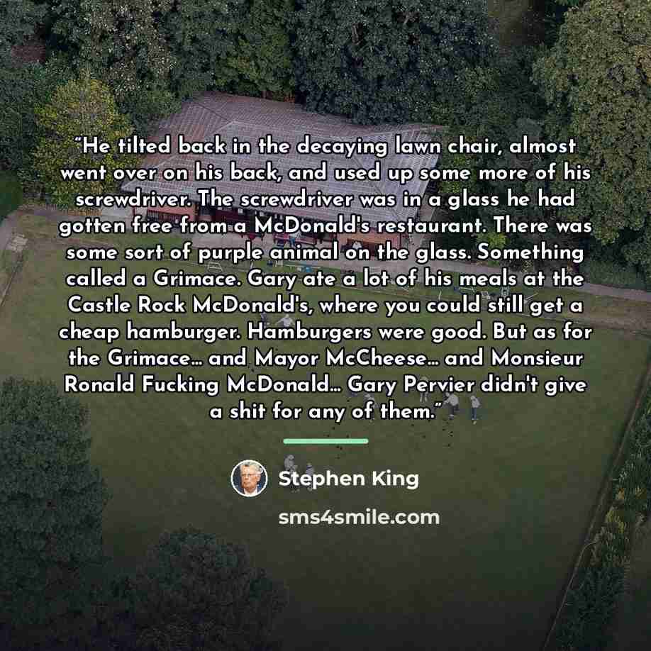 “He tilted back in the decaying lawn chair, almost went over on his back, and used up some more of his screwdriver. The screwdriver was in a glass he had gotten free from a McDonald's restaurant. There was some sort of purple animal on the glass. Something called a Grimace. Gary ate a lot of his…” quote by Stephen King