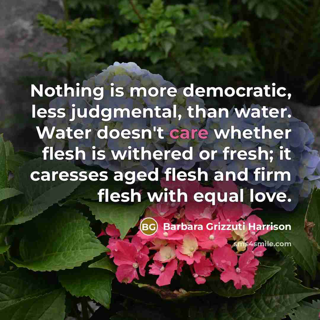 “Nothing is more democratic, less judgmental, than water. Water doesn't care whether flesh is withered or fresh; it caresses aged flesh and firm flesh with equal love.” quote by Barbara Grizzuti Harrison