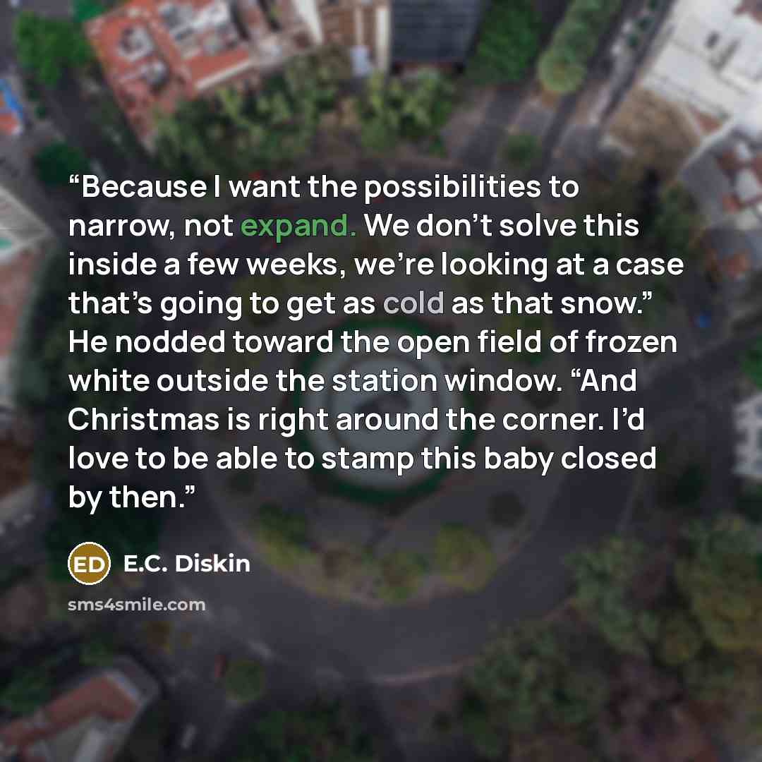 “Because I want the possibilities to narrow, not expand. We don’t solve this inside a few weeks, we’re looking at a case that’s going to get as cold as that snow.” He nodded toward the open field of frozen white outside the station window. “And Christmas is right around the corner. I’d love to be…” quote by E.C. Diskin
