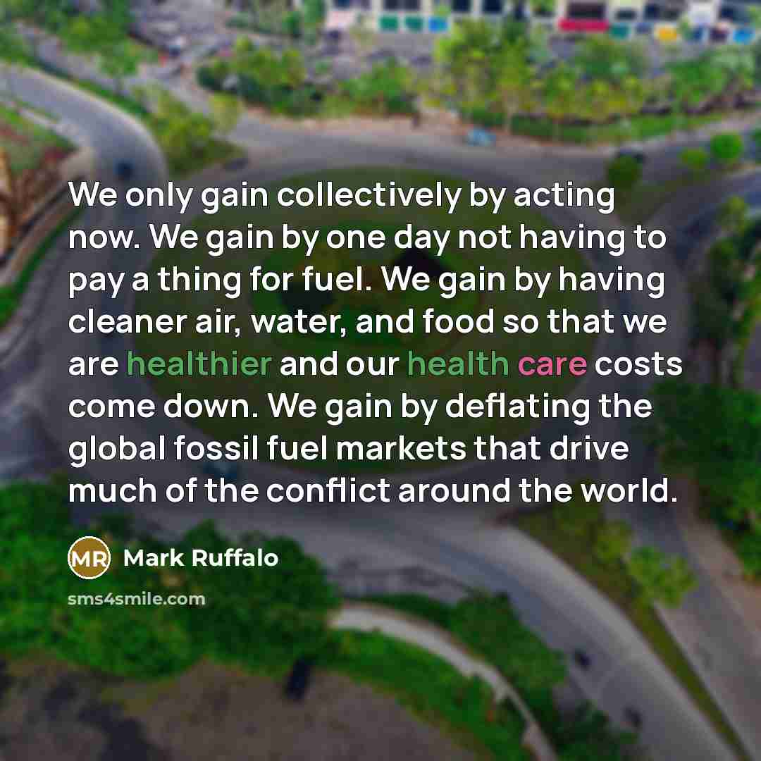 “We only gain collectively by acting now. We gain by one day not having to pay a thing for fuel. We gain by having cleaner air, water, and food so that we are healthier and our health care costs come down. We gain by deflating the global fossil fuel markets that drive much of the conflict around…” quote by Mark Ruffalo