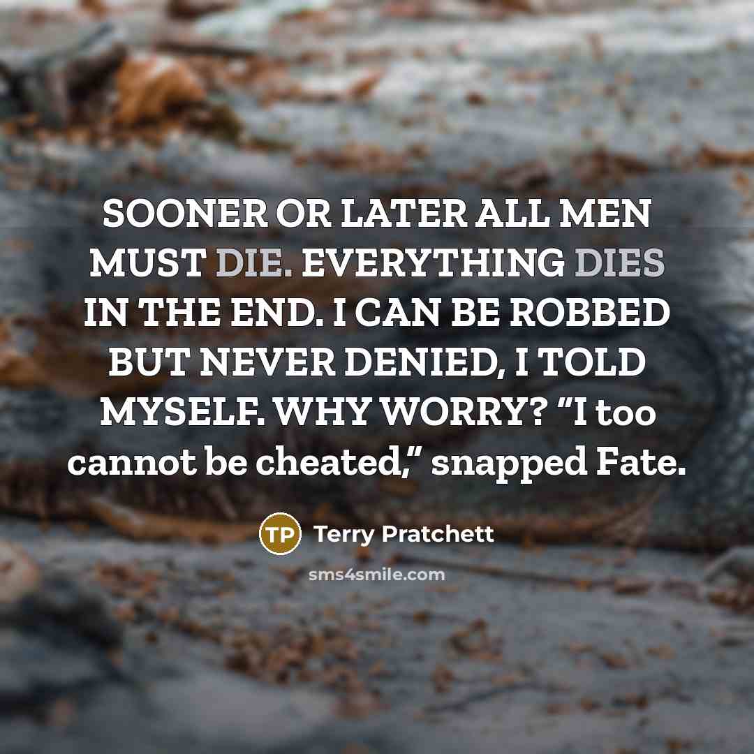 “SOONER OR LATER ALL MEN MUST DIE. EVERYTHING DIES IN THE END. I CAN BE ROBBED BUT NEVER DENIED, I TOLD MYSELF. WHY WORRY? “I too cannot be cheated,” snapped Fate.” quote by Terry Pratchett