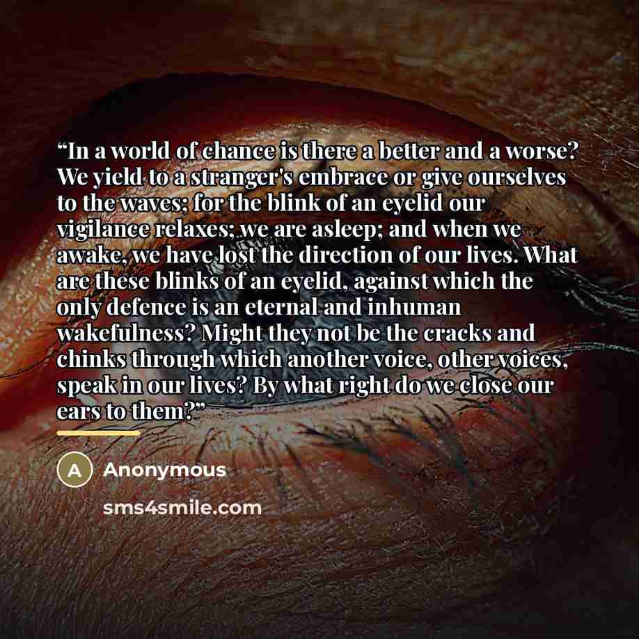 “In a world of chance is there a better and a worse? We yield to a stranger's embrace or give ourselves to the waves; for the blink of an eyelid our vigilance relaxes; we are asleep; and when we awake, we have lost the direction of our lives. What are these blinks of an eyelid, against which the…” quote by Anonymous