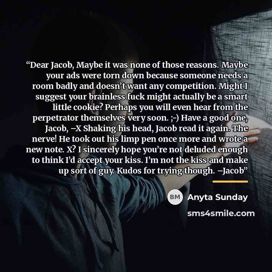 “Dear Jacob, Maybe it was none of those reasons. Maybe your ads were torn down because someone needs a room badly and doesn’t want any competition. Might I suggest your brainless fuck might actually be a smart little cookie? Perhaps you will even hear from the perpetrator themselves very soon. ;-)…” quote by Anyta Sunday