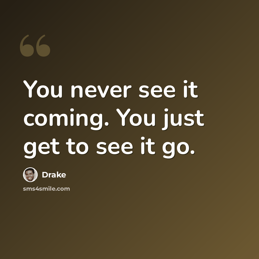 “You never see it coming. You just get to see it go.” quote by Drake