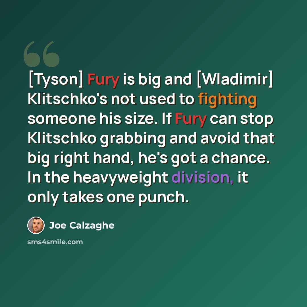 “[Tyson] Fury is big and [Wladimir] Klitschko's not used to fighting someone his size. If Fury can stop Klitschko grabbing and avoid that big right hand, he's got a chance. In the heavyweight division, it only takes one punch.” quote by Joe Calzaghe