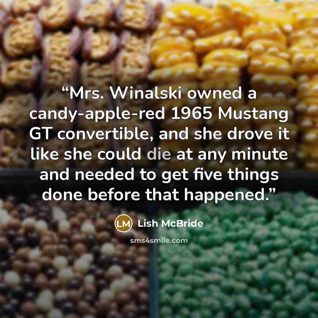 “Mrs. Winalski owned a candy-apple-red 1965 Mustang GT convertible, and she drove it like she could die at any minute and needed to get five things done before that happened.” quote by Lish McBride