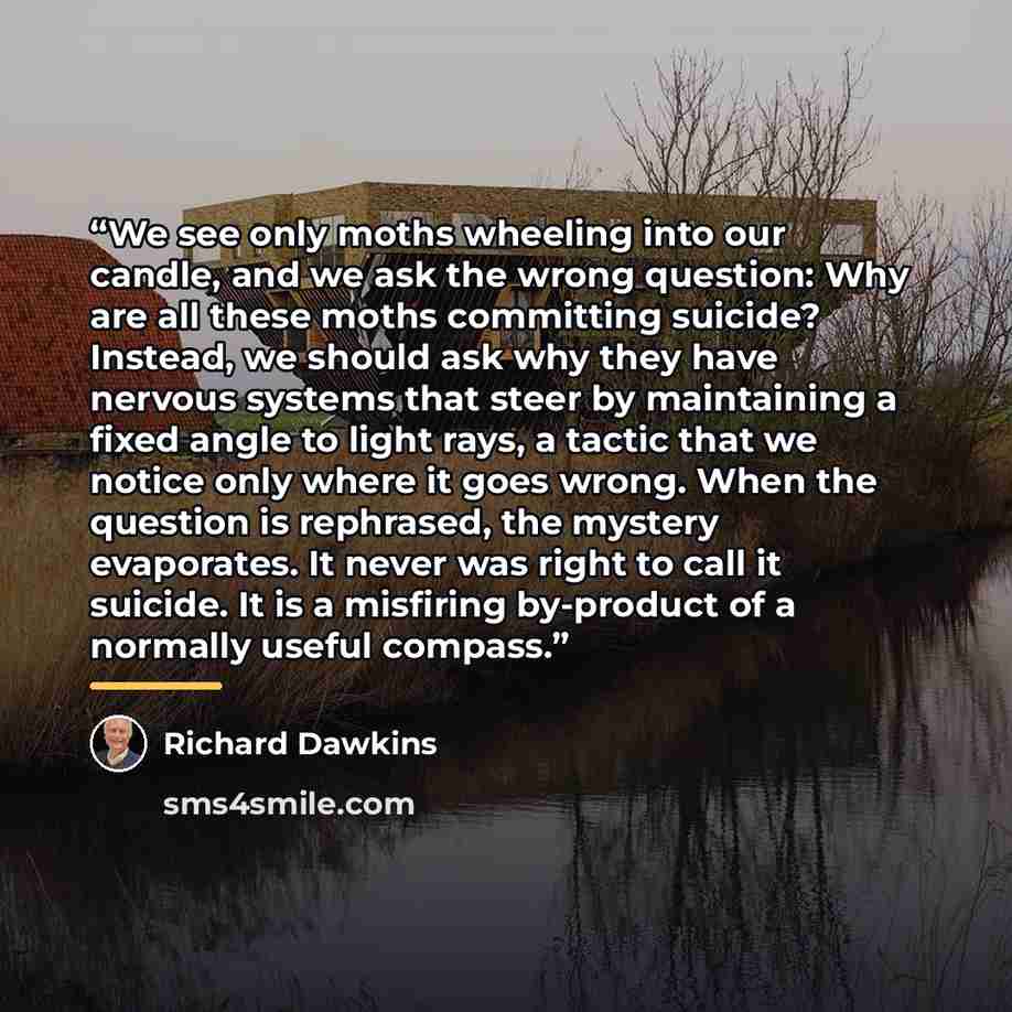 “We see only moths wheeling into our candle, and we ask the wrong question: Why are all these moths committing suicide? Instead, we should ask why they have nervous systems that steer by maintaining a fixed angle to light rays, a tactic that we notice only where it goes wrong. When the question is…” quote by Richard Dawkins