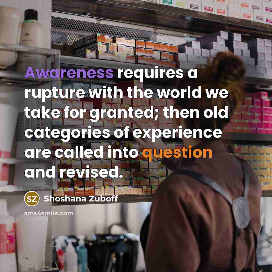 “Awareness requires a rupture with the world we take for granted; then old categories of experience are called into question and revised.” quote by Shoshana Zuboff