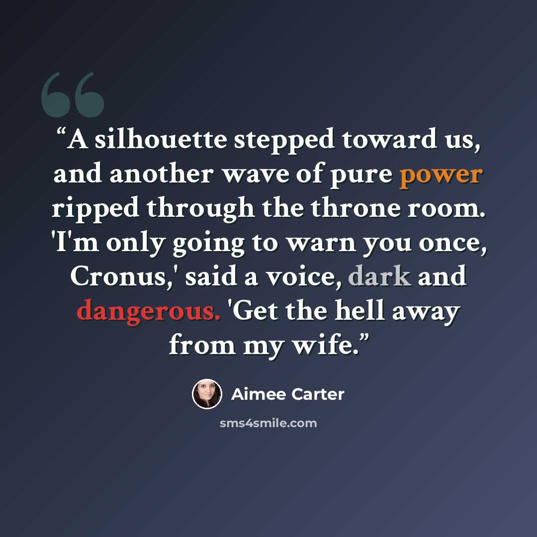 “A silhouette stepped toward us, and another wave of pure power ripped through the throne room. 'I'm only going to warn you once, Cronus,' said a voice, dark and dangerous. 'Get the hell away from my wife.” quote by Aimee Carter