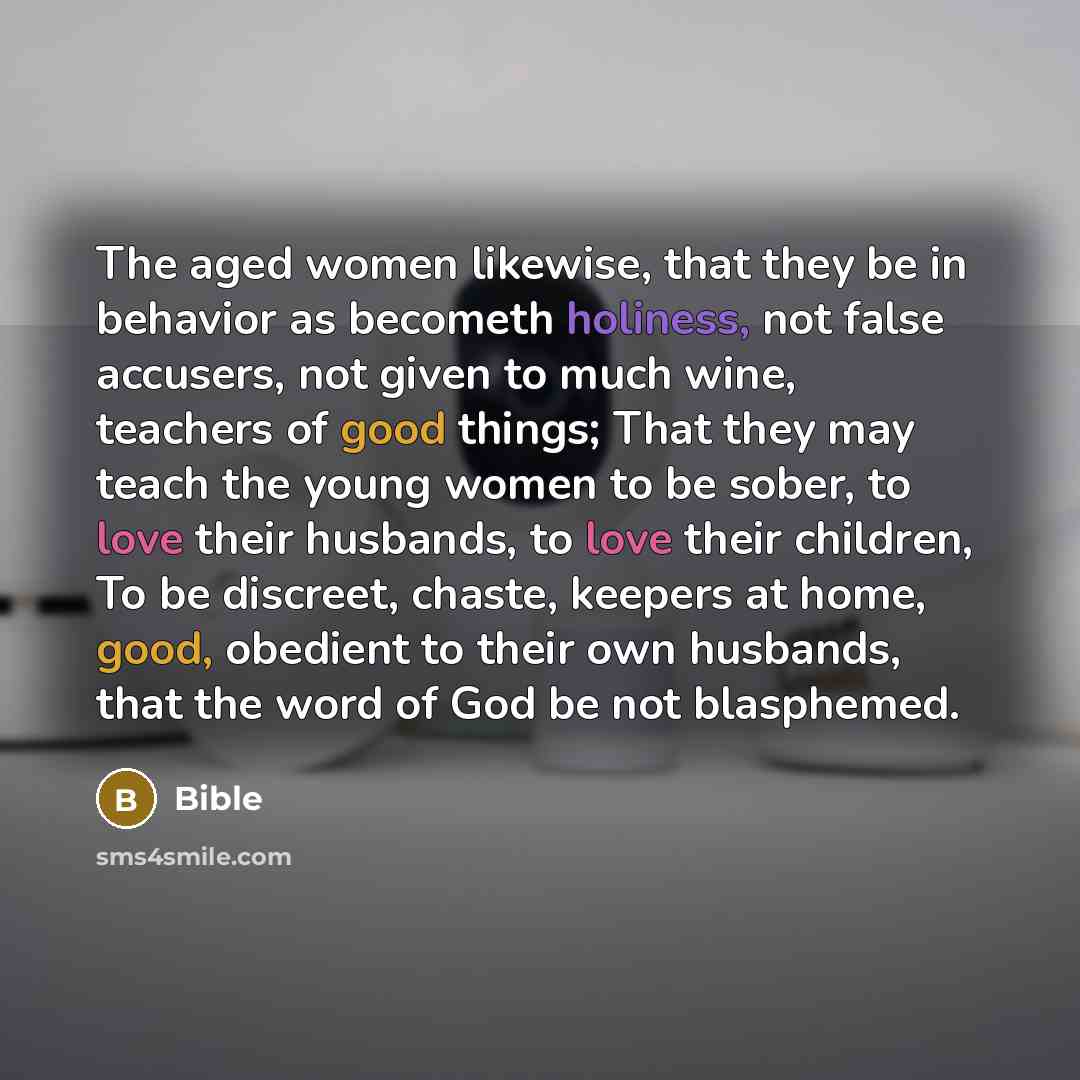 “The aged women likewise, that they be in behavior as becometh holiness, not false accusers, not given to much wine, teachers of good things; That they may teach the young women to be sober, to love their husbands, to love their children, To be discreet, chaste, keepers at home, good, obedient to…” quote by Bible