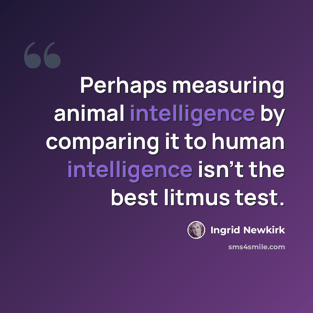 “Perhaps measuring animal intelligence by comparing it to human intelligence isn't the best litmus test.” quote by Ingrid Newkirk