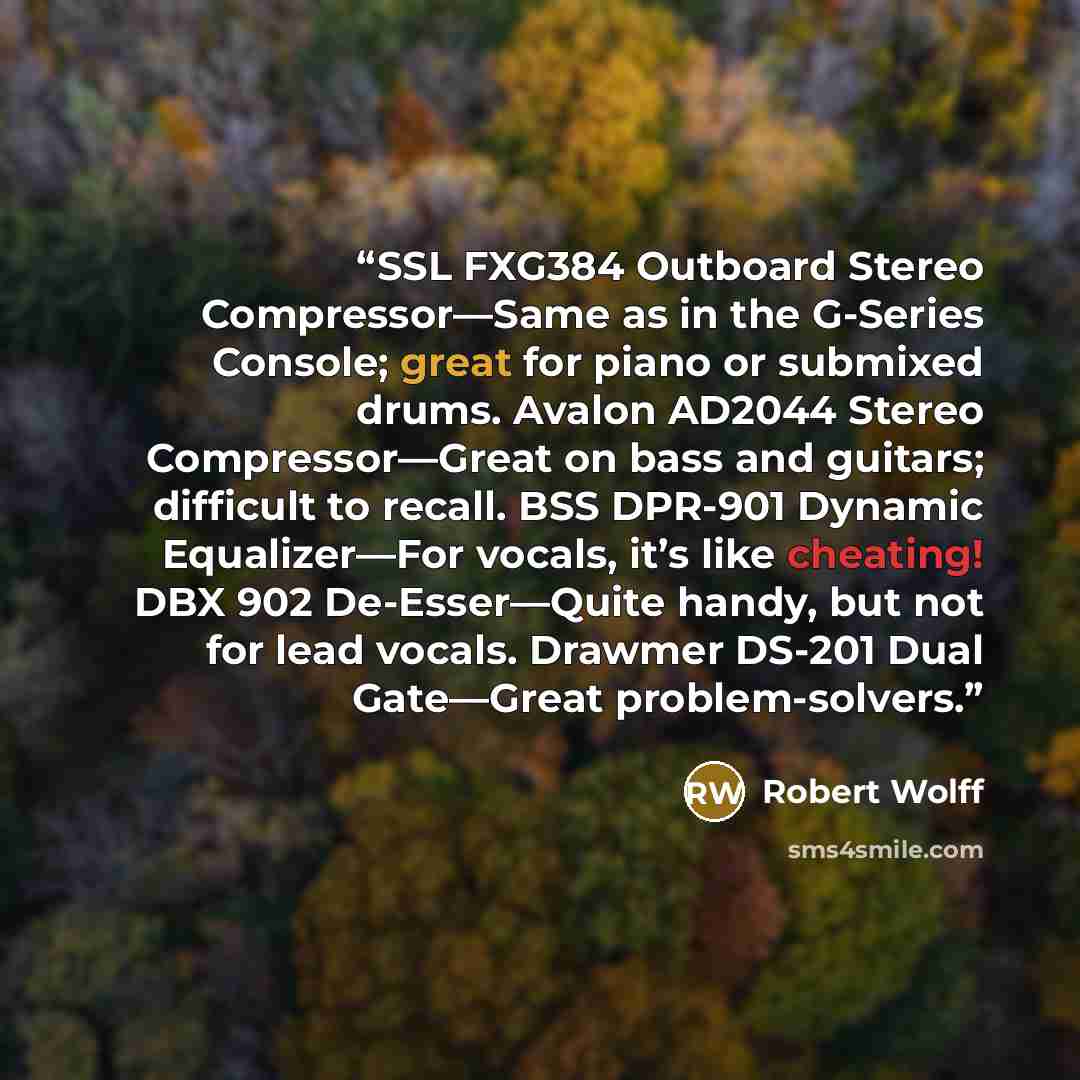 “SSL FXG384 Outboard Stereo Compressor—Same as in the G-Series Console; great for piano or submixed drums. Avalon AD2044 Stereo Compressor—Great on bass and guitars; difficult to recall. BSS DPR-901 Dynamic Equalizer—For vocals, it’s like cheating! DBX 902 De-Esser—Quite handy, but not for lead…” quote by Robert Wolff
