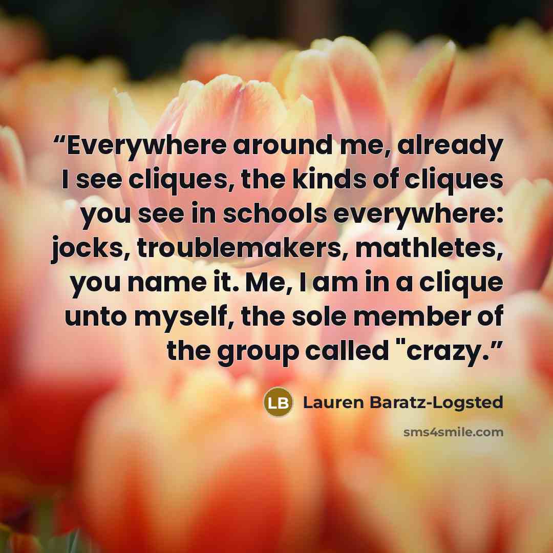 “Everywhere around me, already I see cliques, the kinds of cliques you see in schools everywhere: jocks, troublemakers, mathletes, you name it. Me, I am in a clique unto myself, the sole member of the group called "crazy.” quote by Lauren Baratz-Logsted