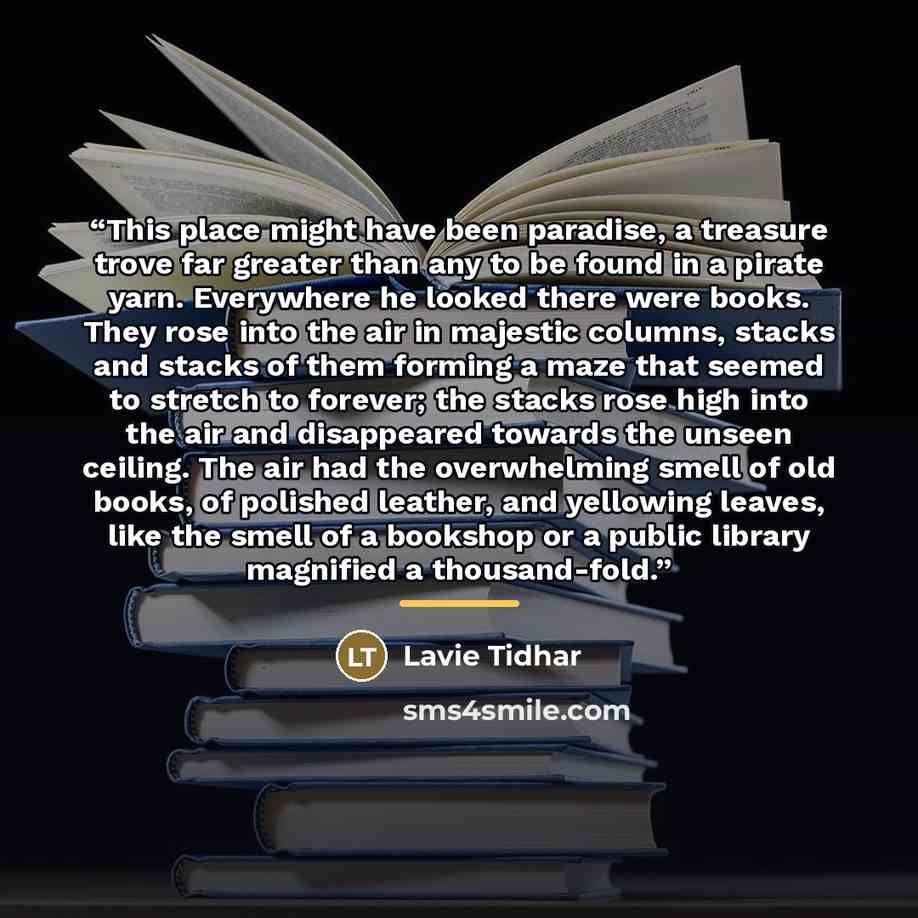 “This place might have been paradise, a treasure trove far greater than any to be found in a pirate yarn. Everywhere he looked there were books. They rose into the air in majestic columns, stacks and stacks of them forming a maze that seemed to stretch to forever; the stacks rose high into the air…” quote by Lavie Tidhar