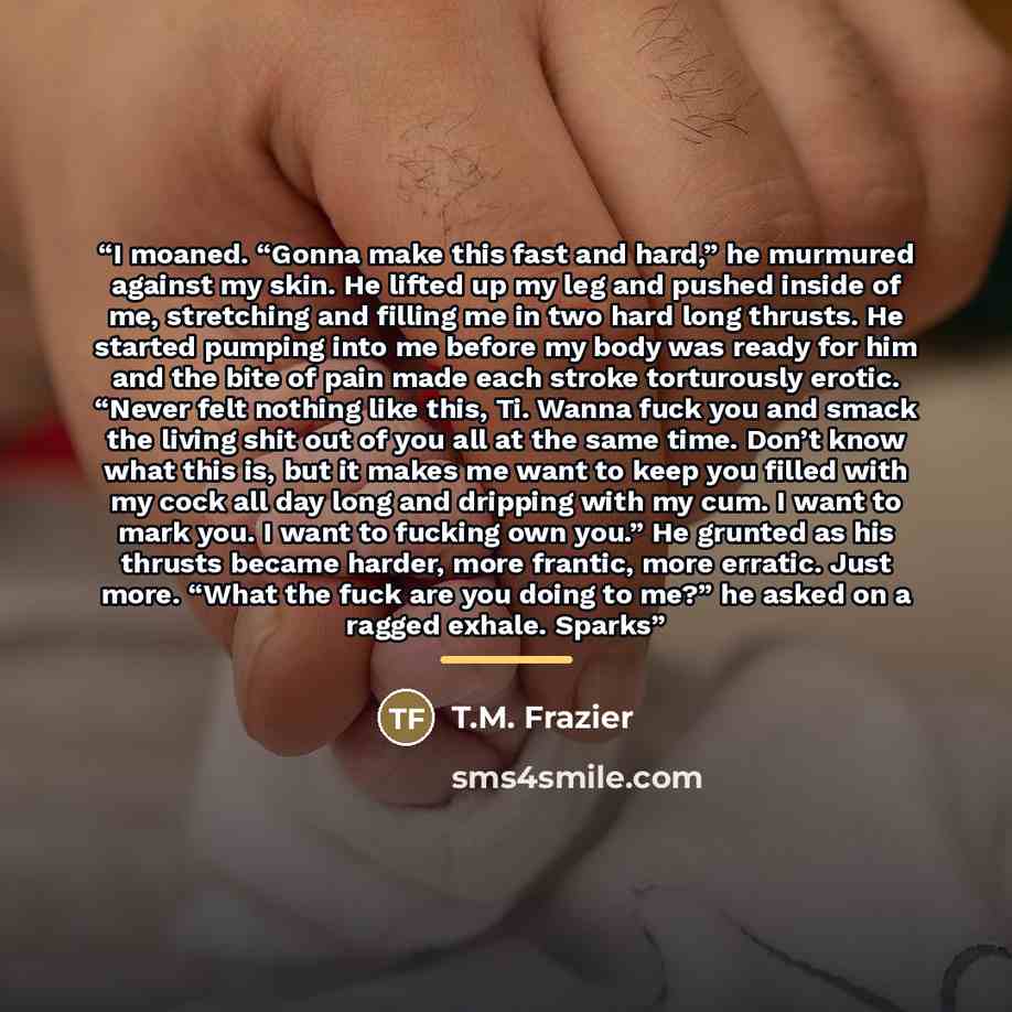 “I moaned. “Gonna make this fast and hard,” he murmured against my skin. He lifted up my leg and pushed inside of me, stretching and filling me in two hard long thrusts. He started pumping into me before my body was ready for him and the bite of pain made each stroke torturously erotic. “Never felt…” quote by T.M. Frazier