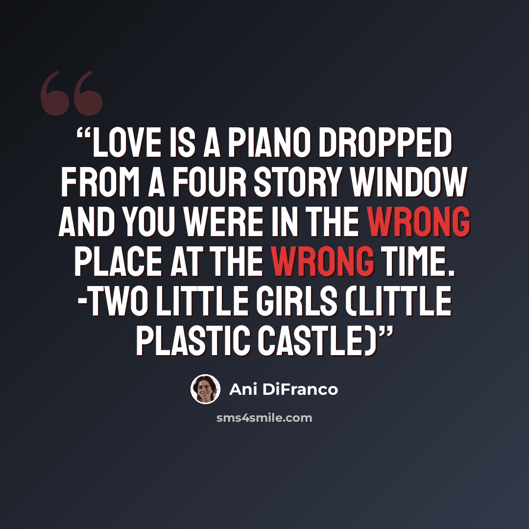 “Love is a piano dropped from a four story window and you were in the wrong place at the wrong time. -Two Little Girls (Little Plastic Castle)” quote by Ani Difranco