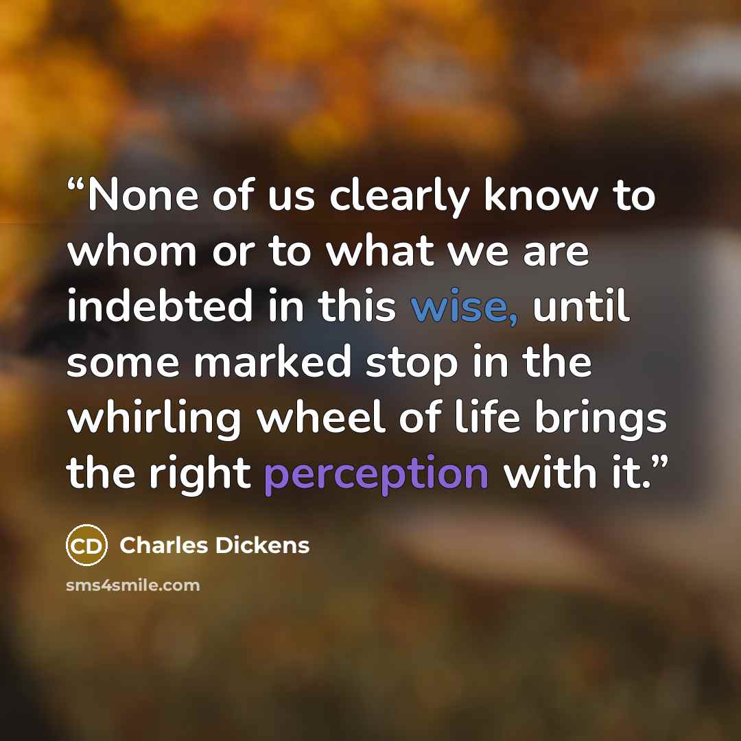 “None of us clearly know to whom or to what we are indebted in this wise, until some marked stop in the whirling wheel of life brings the right perception with it.” quote by Charles Dickens