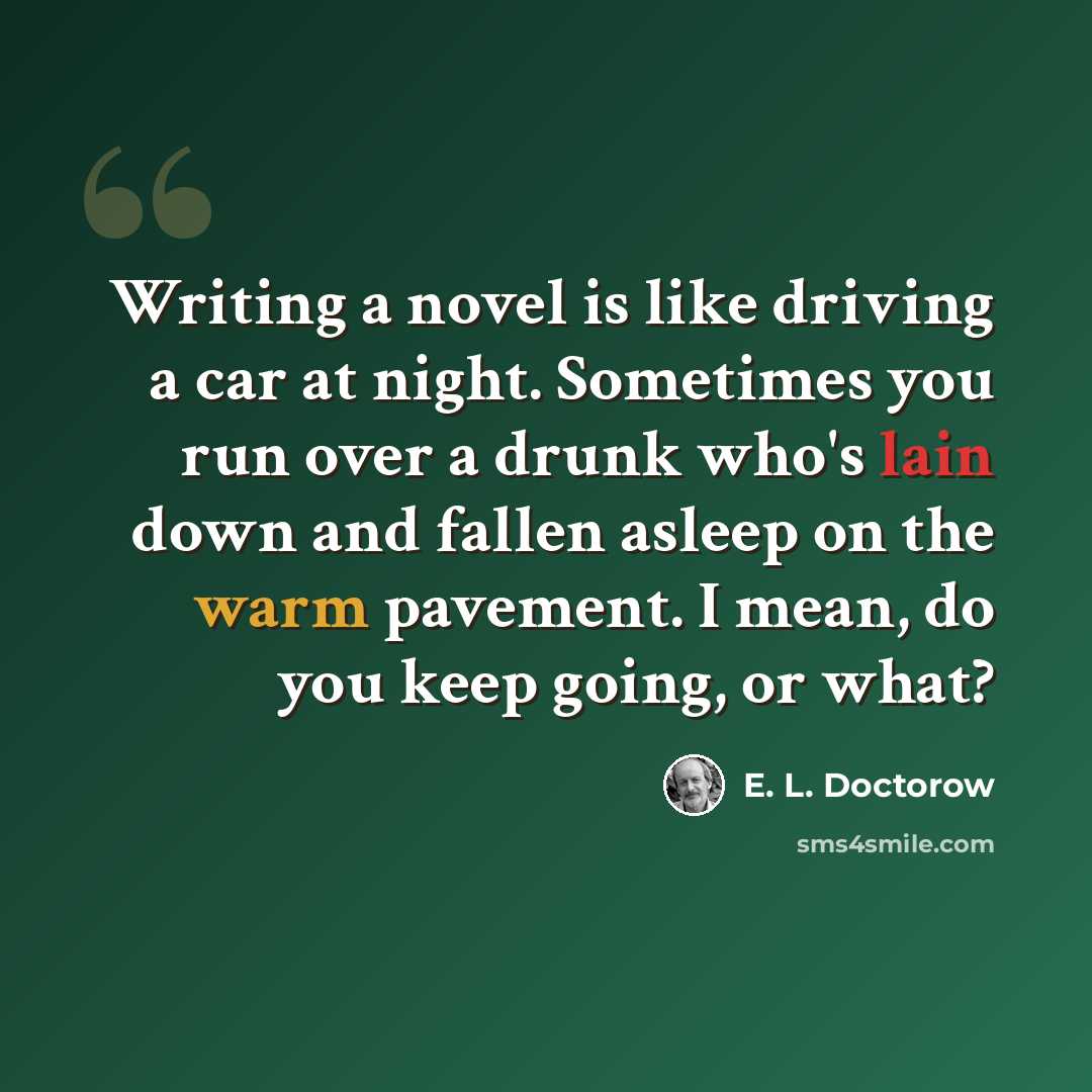 “Writing a novel is like driving a car at night. Sometimes you run over a drunk who's lain down and fallen asleep on the warm pavement. I mean, do you keep going, or what?” quote by E. L. Doctorow