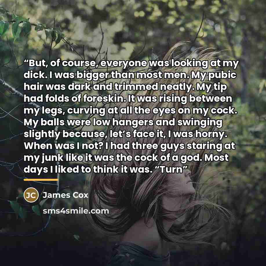 “But, of course, everyone was looking at my dick. I was bigger than most men. My pubic hair was dark and trimmed neatly. My tip had folds of foreskin. It was rising between my legs, curving at all the eyes on my cock. My balls were low hangers and swinging slightly because, let’s face it, I was…” quote by James Cox