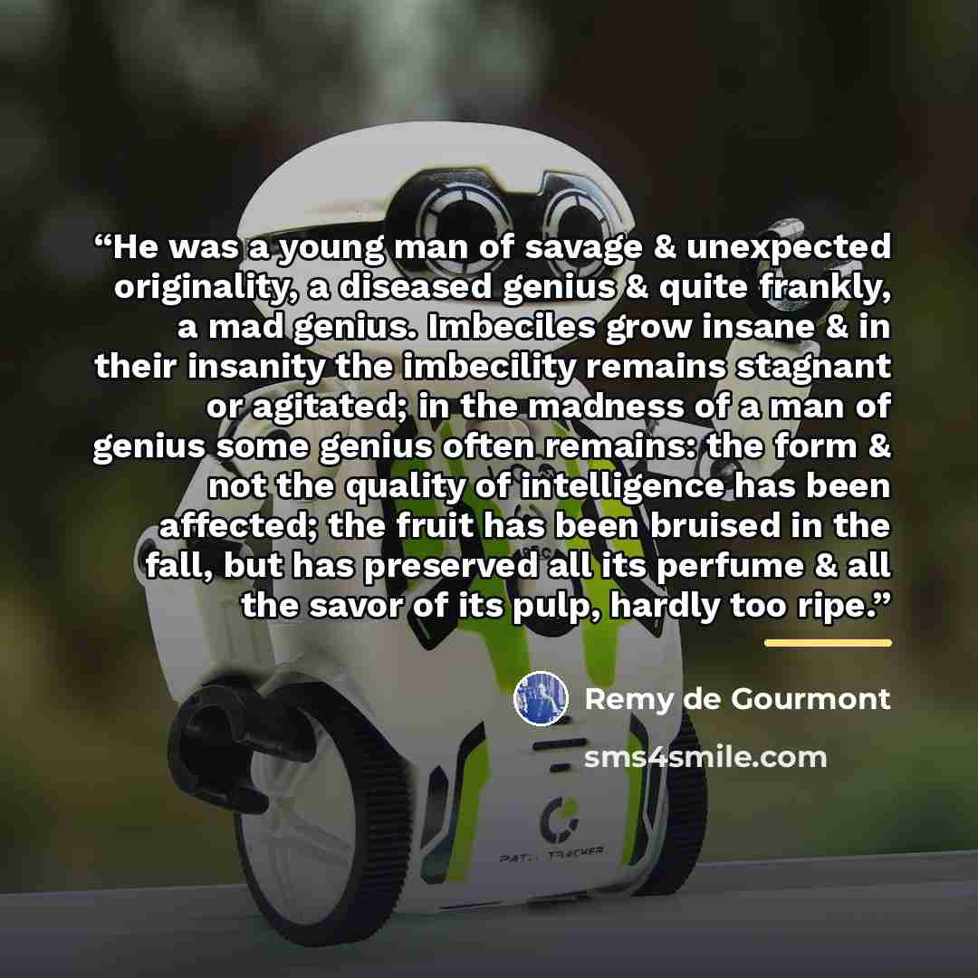“He was a young man of savage & unexpected originality, a diseased genius & quite frankly, a mad genius. Imbeciles grow insane & in their insanity the imbecility remains stagnant or agitated; in the madness of a man of genius some genius often remains: the form & not the quality of intelligence has…” quote by Remy de Gourmont