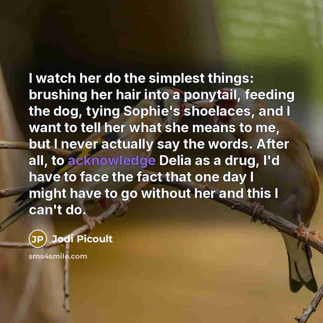 “I watch her do the simplest things: brushing her hair into a ponytail, feeding the dog, tying Sophie's shoelaces, and I want to tell her what she means to me, but I never actually say the words. After all, to acknowledge Delia as a drug, I'd have to face the fact that one day I might have to go…” quote by Jodi Picoult